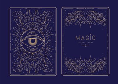 Çiçekli elementler ve süslemelerle modern büyü çerçeveleri. Dekoratif çiçekli sırt ve yüz kartı tasarımı. Vektör illüstrasyonu