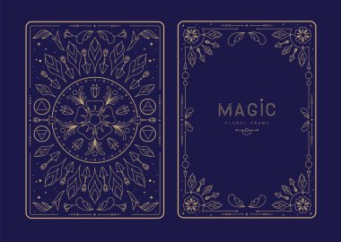 Çiçekli elementler ve süslemelerle modern büyü çerçeveleri. Dekoratif çiçekli sırt ve yüz kartı tasarımı. Vektör illüstrasyonu