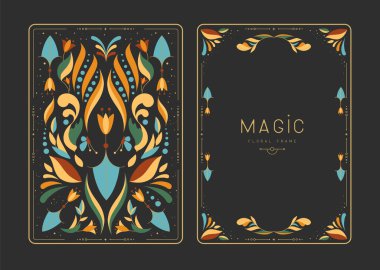 Çiçekli elementler ve süslemelerle modern büyü çerçeveleri. Dekoratif çiçekli sırt ve yüz kartı tasarımı. Vektör illüstrasyonu