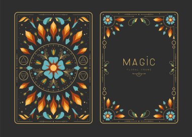 Çiçekli elementler ve süslemelerle modern büyü çerçeveleri. Dekoratif çiçekli sırt ve yüz kartı tasarımı. Vektör illüstrasyonu