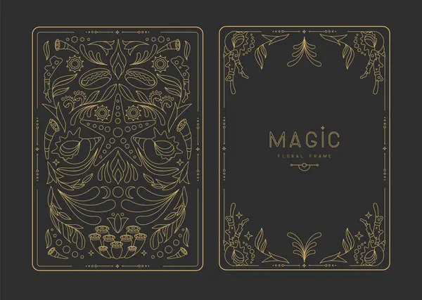 Çiçekli elementler ve süslemelerle modern büyü çerçeveleri. Dekoratif çiçekli sırt ve yüz kartı tasarımı. Vektör illüstrasyonu