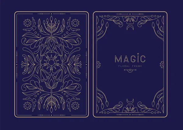 Çiçekli elementler ve süslemelerle modern büyü çerçeveleri. Dekoratif çiçekli sırt ve yüz kartı tasarımı. Vektör illüstrasyonu
