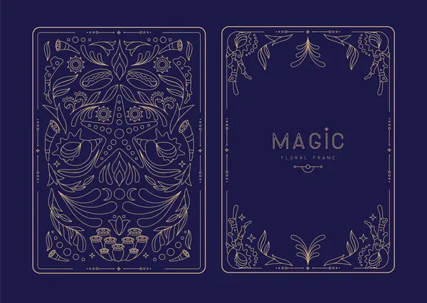 Çiçekli elementler ve süslemelerle modern büyü çerçeveleri. Dekoratif çiçekli sırt ve yüz kartı tasarımı. Vektör illüstrasyonu