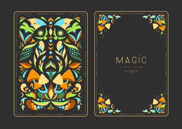 Çiçekli elementler ve süslemelerle modern büyü çerçeveleri. Dekoratif çiçekli sırt ve yüz kartı tasarımı. Vektör illüstrasyonu