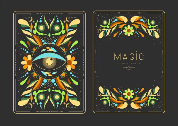 Çiçekli elementler ve süslemelerle modern büyü çerçeveleri. Dekoratif çiçekli sırt ve yüz kartı tasarımı. Vektör illüstrasyonu
