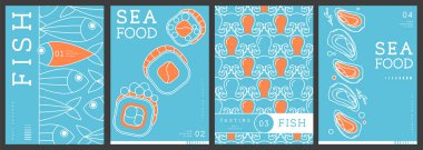 Modern dergi kapakları ya da çizgi halinde deniz ürünleri olan posterler. Restoran deniz ürünleri menüsü tasarımı. Vektör illüstrasyonu