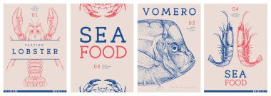 Modern dergi kapakları ya da içinde ıstakoz, yengeç, vomero balığı ve karides olan posterler. Restoran deniz ürünleri menüsü tasarımı. Vektör illüstrasyonu