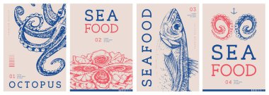 Modern dergi kapakları ya da ton balıklı posterler, istiridye somonu ve uskumru. Restoran deniz ürünleri menüsü tasarımı. Vektör illüstrasyonu