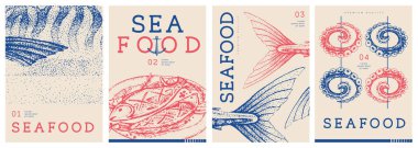 Modern dergi kapakları ya da kızarmış balık, scomber ve ahtapot dolu posterler. Restoran deniz ürünleri menüsü tasarımı. Vektör illüstrasyonu