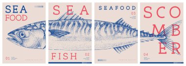 Modern dergi kapakları ya da scomber balıklı posterler. Restoran deniz ürünleri menüsü tasarımı. Vektör illüstrasyonu