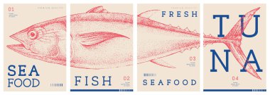 Modern dergi kapakları ya da ton balıklı posterler. Restoran deniz ürünleri menüsü tasarımı. Vektör illüstrasyonu