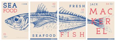 Modern dergi kapakları ya da Jack Uskumru balıklı posterler. Restoran deniz ürünleri menüsü tasarımı. Vektör illüstrasyonu