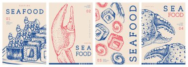 Modern dergi kapakları ya da içinde suşi, yengeç pençesi ve ahtapot olan posterler. Restoran deniz ürünleri menüsü tasarımı. Vektör illüstrasyonu