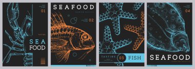 Modern dergi kapakları ya da ıstakoz, balık ve deniz yıldızı posterleri. Restoran deniz ürünleri menüsü tasarımı. Vektör illüstrasyonu