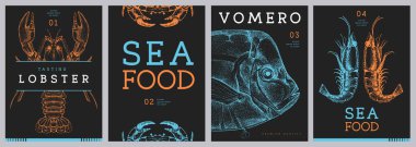 Modern dergi kapakları ya da içinde ıstakoz, yengeç, vomero balığı ve karides olan posterler. Restoran deniz ürünleri menüsü tasarımı. Vektör illüstrasyonu
