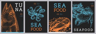 Modern dergi kapakları ya da içinde ton balığı, ahtapot, somon ve yengeç olan posterler. Restoran deniz ürünleri menüsü tasarımı. Vektör illüstrasyonu