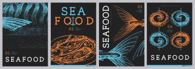 Modern dergi kapakları ya da kızarmış balık, scomber ve ahtapot dolu posterler. Restoran deniz ürünleri menüsü tasarımı. Vektör illüstrasyonu
