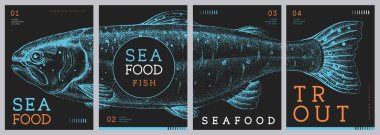 Modern dergi kapakları ya da alabalık balıklı posterler. Restoran deniz ürünleri menüsü tasarımı. Vektör illüstrasyonu