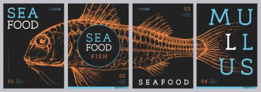 Modern dergi kapakları ya da mullus balıklı posterler. Restoran deniz ürünleri menüsü tasarımı. Vektör illüstrasyonu