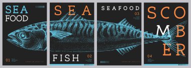 Modern dergi kapakları ya da scomber balıklı posterler. Restoran deniz ürünleri menüsü tasarımı. Vektör illüstrasyonu