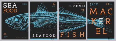 Modern dergi kapakları ya da Jack Uskumru balıklı posterler. Restoran deniz ürünleri menüsü tasarımı. Vektör illüstrasyonu