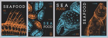 Modern dergi kapakları ya da midye, yengeç pençesi ve yassı balıklı posterler. Restoran deniz ürünleri menüsü tasarımı. Vektör illüstrasyonu