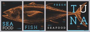 Modern dergi kapakları ya da ton balıklı posterler. Restoran deniz ürünleri menüsü tasarımı. Vektör illüstrasyonu