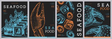 Modern dergi kapakları ya da içinde suşi, yengeç pençesi ve ahtapot olan posterler. Restoran deniz ürünleri menüsü tasarımı. Vektör illüstrasyonu