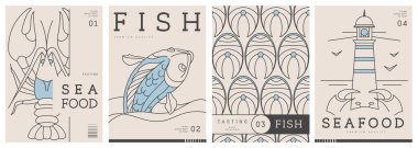 Modern dergi kapakları ya da çizgi halinde deniz ürünleri olan posterler. Restoran deniz ürünleri menüsü tasarımı. Vektör illüstrasyonu