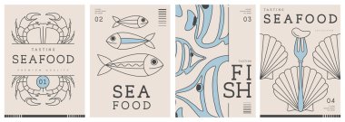 Modern dergi kapakları ya da çizgi halinde deniz ürünleri olan posterler. Restoran deniz ürünleri menüsü tasarımı. Vektör illüstrasyonu