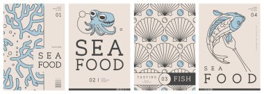 Modern dergi kapakları ya da çizgi halinde deniz ürünleri olan posterler. Restoran deniz ürünleri menüsü tasarımı. Vektör illüstrasyonu