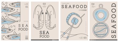 Modern dergi kapakları ya da çizgi halinde deniz ürünleri olan posterler. Restoran deniz ürünleri menüsü tasarımı. Vektör illüstrasyonu