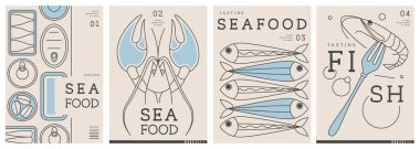 Modern dergi kapakları ya da çizgi halinde deniz ürünleri olan posterler. Restoran deniz ürünleri menüsü tasarımı. Vektör illüstrasyonu