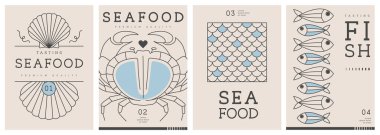 Modern dergi kapakları ya da çizgi halinde deniz ürünleri olan posterler. Restoran deniz ürünleri menüsü tasarımı. Vektör illüstrasyonu