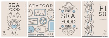 Modern dergi kapakları ya da çizgi halinde deniz ürünleri olan posterler. Restoran deniz ürünleri menüsü tasarımı. Vektör illüstrasyonu