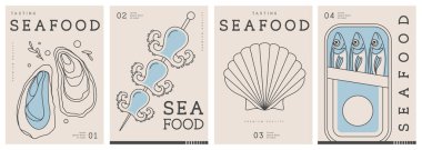 Modern dergi kapakları ya da çizgi halinde deniz ürünleri olan posterler. Restoran deniz ürünleri menüsü tasarımı. Vektör illüstrasyonu