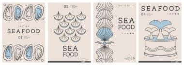 Modern dergi kapakları ya da çizgi halinde deniz ürünleri olan posterler. Restoran deniz ürünleri menüsü tasarımı. Vektör illüstrasyonu