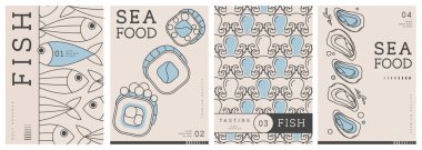 Modern dergi kapakları ya da çizgi halinde deniz ürünleri olan posterler. Restoran deniz ürünleri menüsü tasarımı. Vektör illüstrasyonu