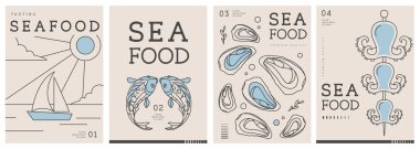 Modern dergi kapakları ya da çizgi halinde deniz ürünleri olan posterler. Restoran deniz ürünleri menüsü tasarımı. Vektör illüstrasyonu