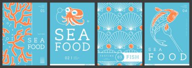 Modern dergi kapakları ya da çizgi halinde deniz ürünleri olan posterler. Restoran deniz ürünleri menüsü tasarımı. Vektör illüstrasyonu