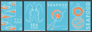 Modern dergi kapakları ya da çizgi halinde deniz ürünleri olan posterler. Restoran deniz ürünleri menüsü tasarımı. Vektör illüstrasyonu