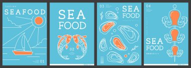 Modern dergi kapakları ya da çizgi halinde deniz ürünleri olan posterler. Restoran deniz ürünleri menüsü tasarımı. Vektör illüstrasyonu