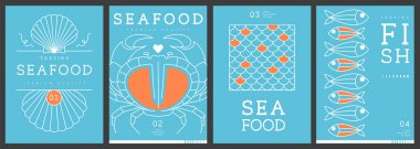 Modern dergi kapakları ya da çizgi halinde deniz ürünleri olan posterler. Restoran deniz ürünleri menüsü tasarımı. Vektör illüstrasyonu