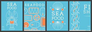 Modern dergi kapakları ya da çizgi halinde deniz ürünleri olan posterler. Restoran deniz ürünleri menüsü tasarımı. Vektör illüstrasyonu