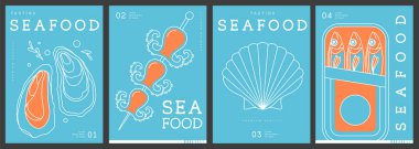 Modern dergi kapakları ya da çizgi halinde deniz ürünleri olan posterler. Restoran deniz ürünleri menüsü tasarımı. Vektör illüstrasyonu