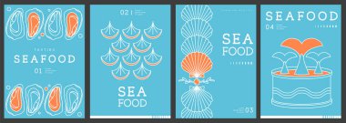 Modern dergi kapakları ya da çizgi halinde deniz ürünleri olan posterler. Restoran deniz ürünleri menüsü tasarımı. Vektör illüstrasyonu