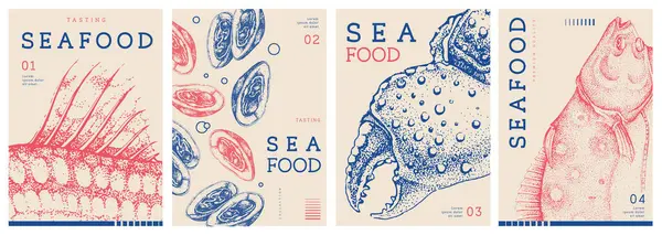 Modern dergi kapakları ya da midye, yengeç pençesi ve yassı balıklı posterler. Restoran deniz ürünleri menüsü tasarımı. Vektör illüstrasyonu