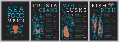 Restoran serisi, ıstakoz, yengeç, balık ve istiridye içeren deniz ürünleri menüsü tasarımı. Vektör illüstrasyonu