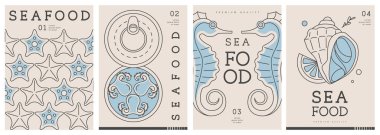 Modern dergi kapakları ya da çizgi halinde deniz ürünleri olan posterler. Restoran deniz ürünleri menüsü tasarımı. Vektör illüstrasyonu