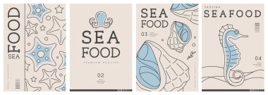 Modern dergi kapakları ya da çizgi halinde deniz ürünleri olan posterler. Restoran deniz ürünleri menüsü tasarımı. Vektör illüstrasyonu